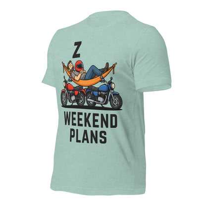 Weekend Plans funny motorcycle dad tee — Heather Prism Dusty Blue, front-right