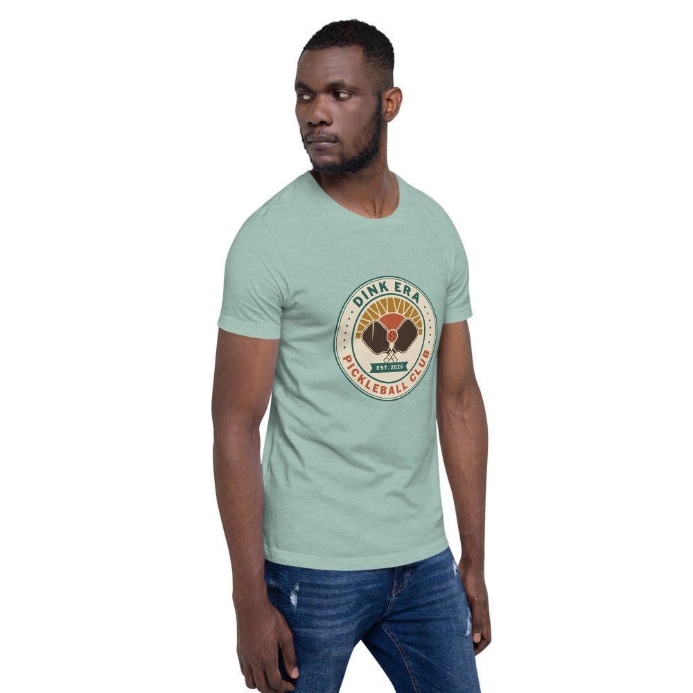 Dink Era Pickleball Club tee — Heather Prism Dusty Blue, on model
