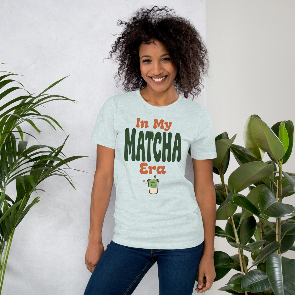 In My Matcha Era retro matcha tee — Heather Prism Ice Blue, on model