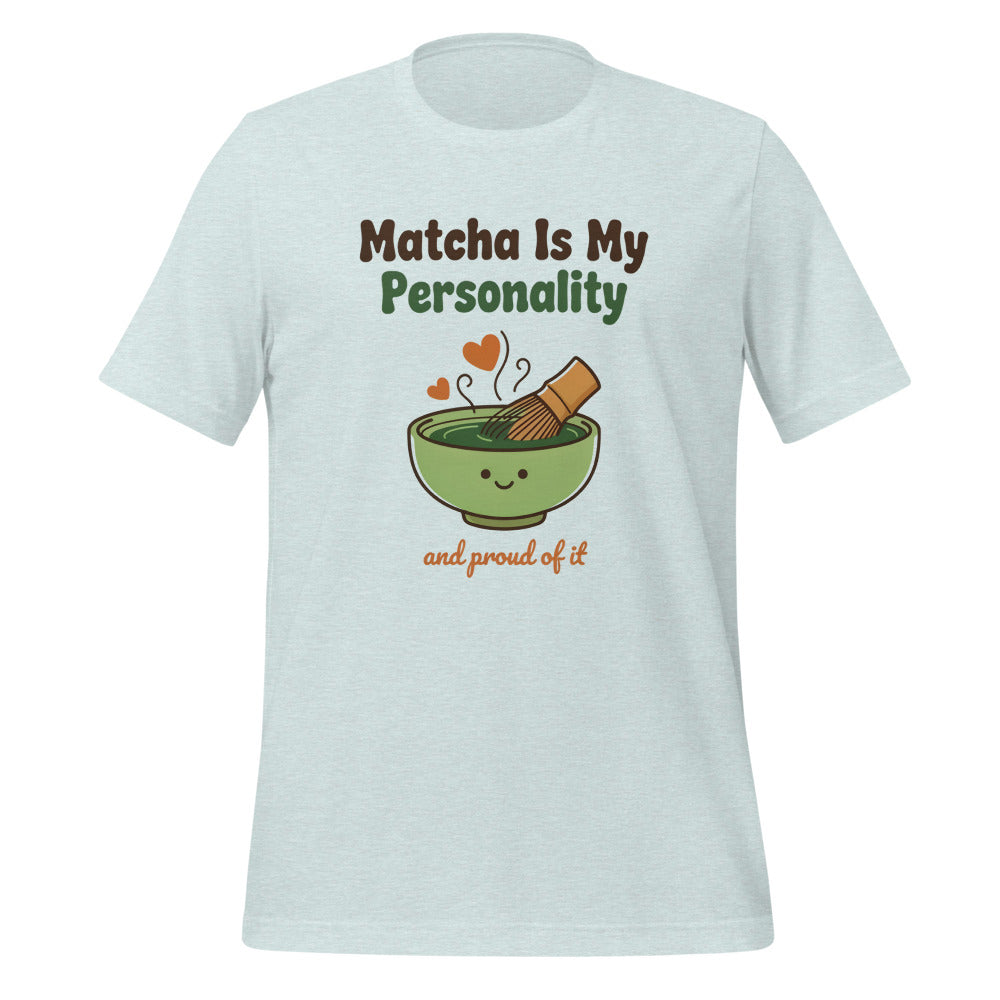 Matcha Is My Personality retro matcha tee — Heather Prism Ice Blue, front