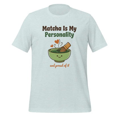 Matcha Is My Personality retro matcha tee — Heather Prism Ice Blue, front