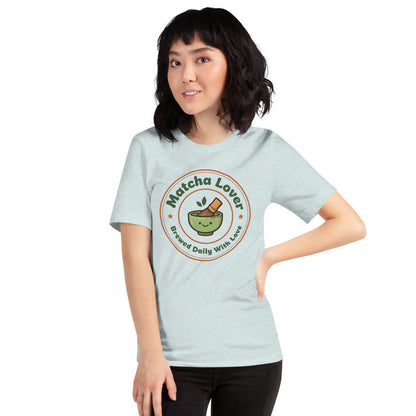 Matcha Lover retro café badge tee — Heather Prism Ice Blue, on model