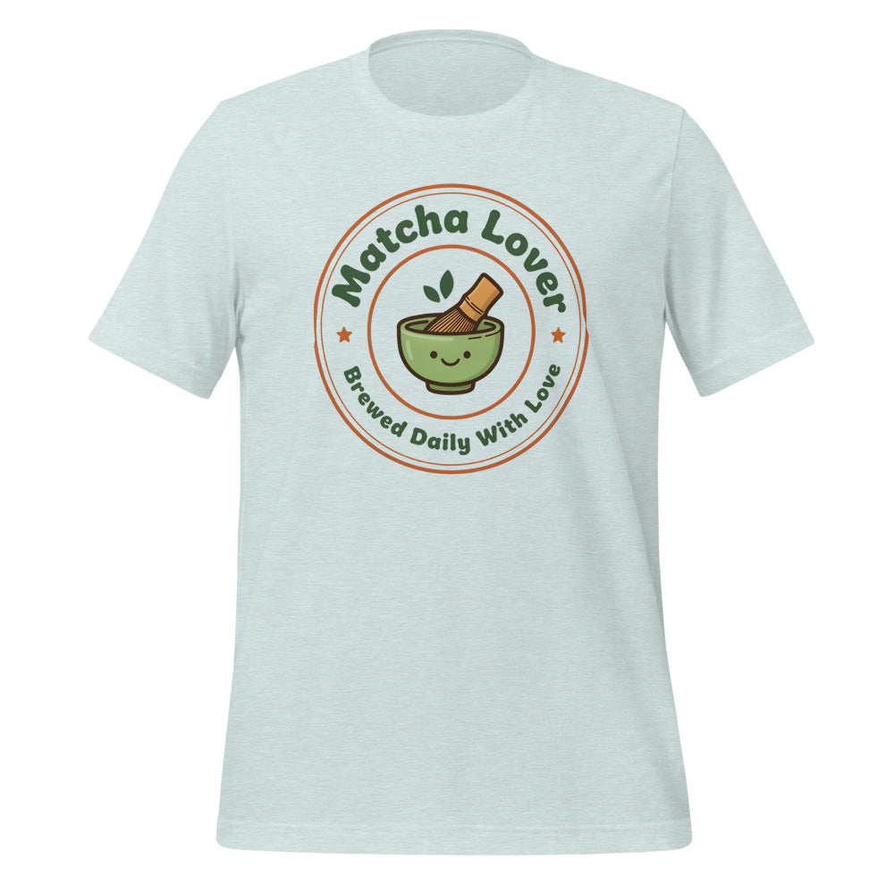 Matcha Lover retro café badge tee — Heather Prism Ice Blue, front