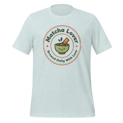 Matcha Lover retro café badge tee — Heather Prism Ice Blue, front