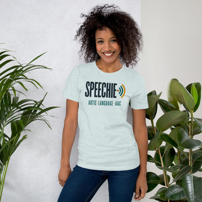 Speechie Wordmark speech therapy tee — Heather Prism Ice Blue, on model