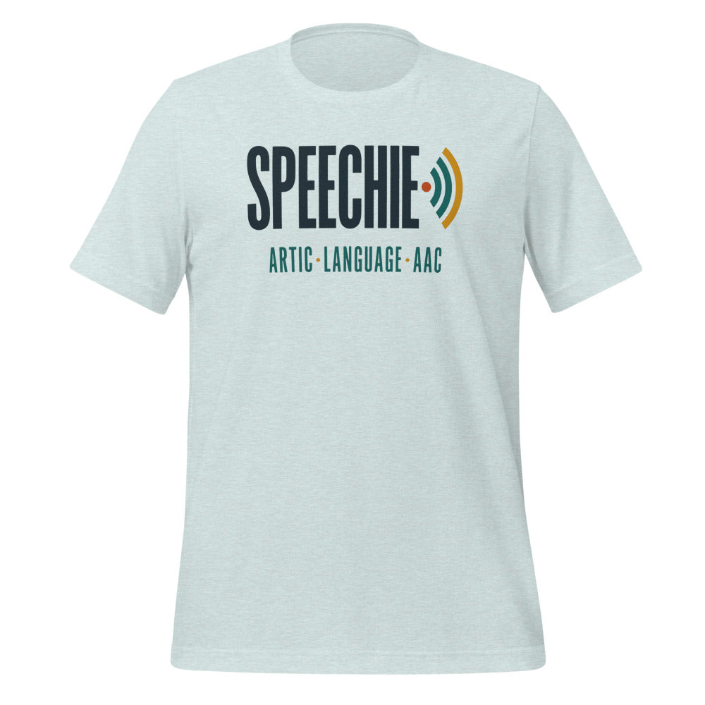 Speechie Wordmark speech therapy tee — Heather Prism Ice Blue, front
