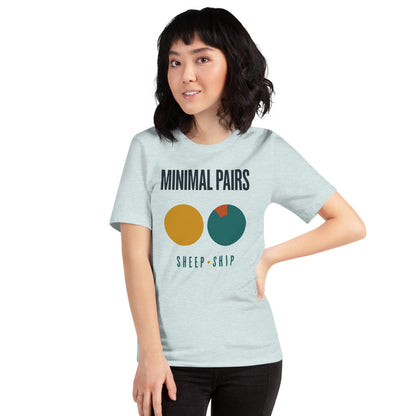 Minimal Pairs speech therapy tee — Heather Prism Ice Blue, on model