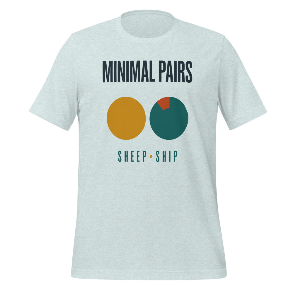 Minimal Pairs speech therapy tee — Heather Prism Ice Blue, front