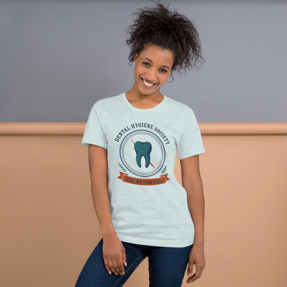 Dental Hygiene Society dental hygienist tee — Heather Prism Ice Blue, on model