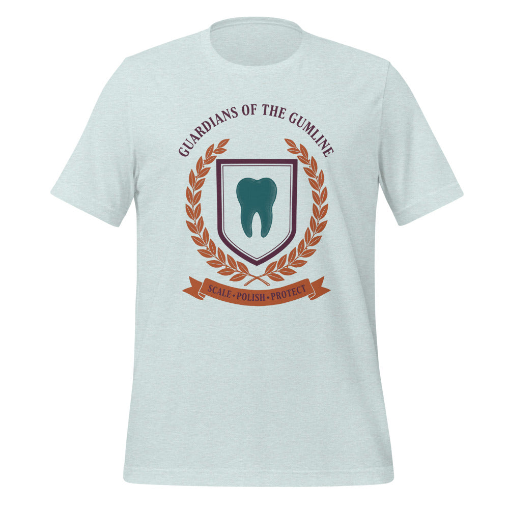 Guardians of the Gumline dental hygienist tee — Heather Prism Ice Blue, front