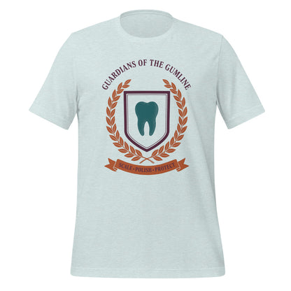 Guardians of the Gumline dental hygienist tee — Heather Prism Ice Blue, front
