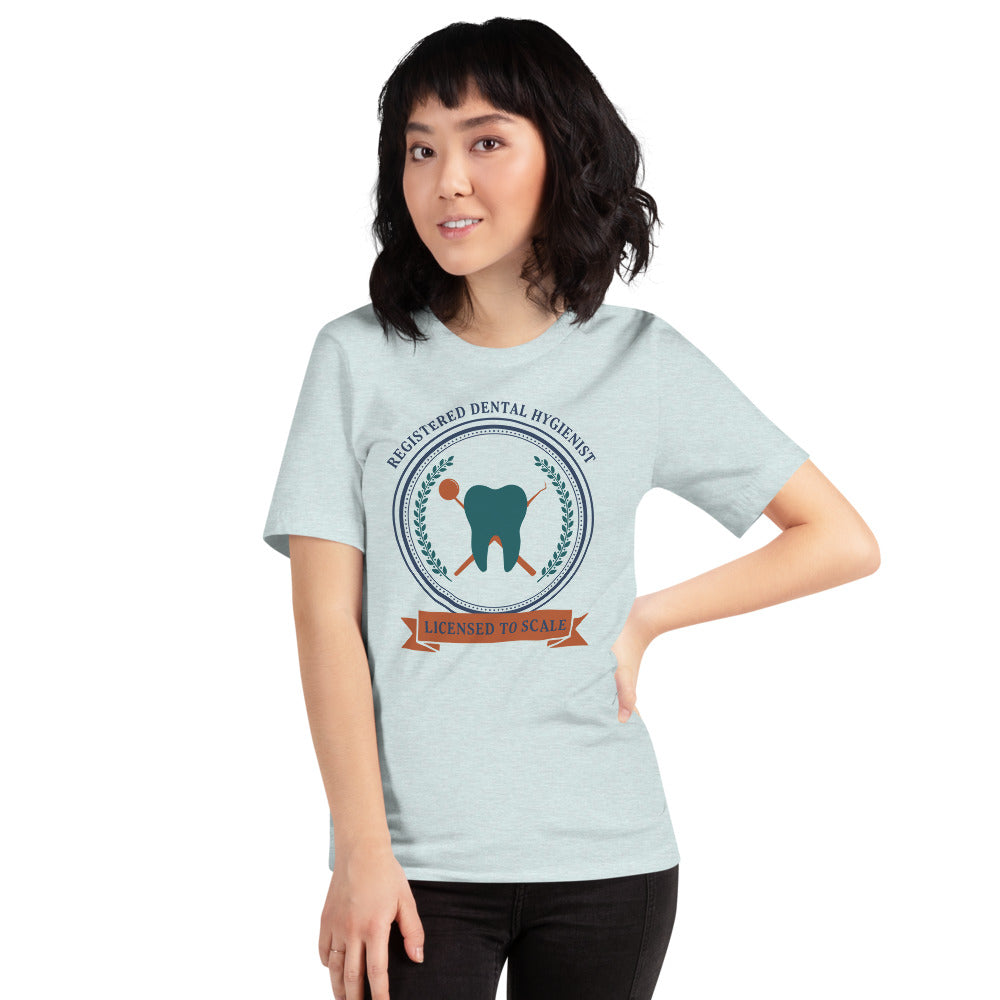 Licensed to Scale registered dental hygienist tee — Heather Prism Ice Blue, on model