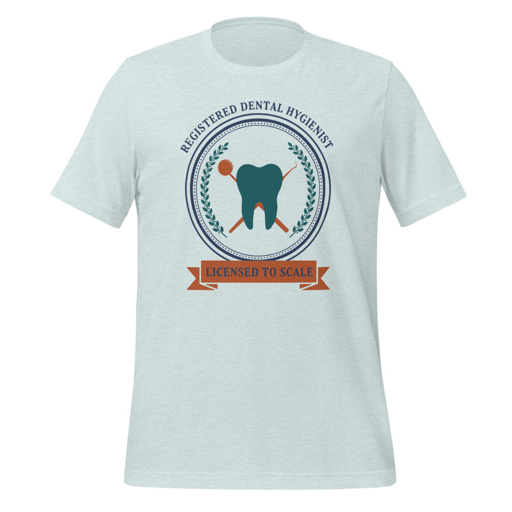 Licensed to Scale registered dental hygienist tee — Heather Prism Ice Blue, front