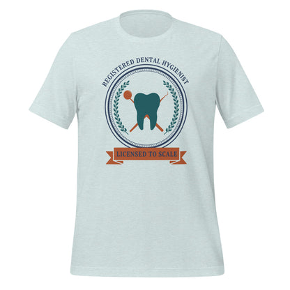 Licensed to Scale registered dental hygienist tee — Heather Prism Ice Blue, front