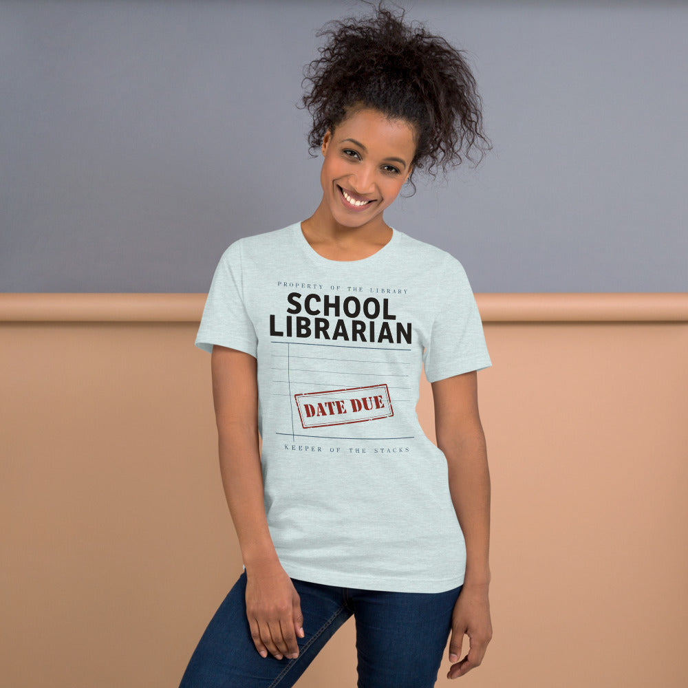 Property of the School Library card catalog school librarian tee — Heather Prism Ice Blue, on model