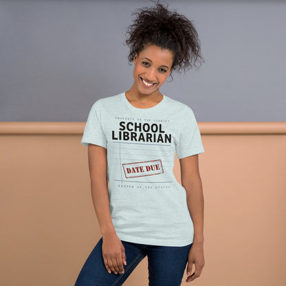 Property of the School Library card catalog school librarian tee — Heather Prism Ice Blue, on model