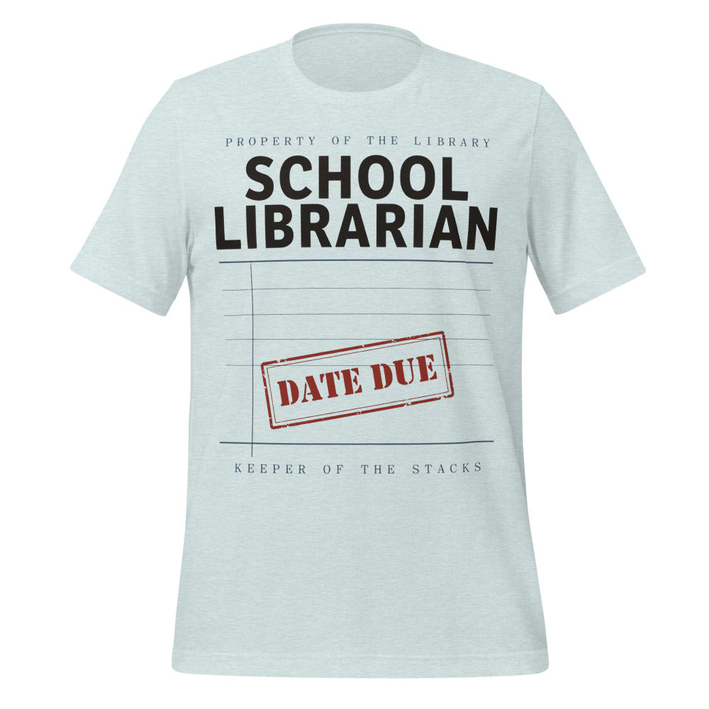 Property of the School Library card catalog school librarian tee — Heather Prism Ice Blue, front