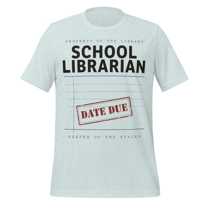 Property of the School Library card catalog school librarian tee — Heather Prism Ice Blue, front