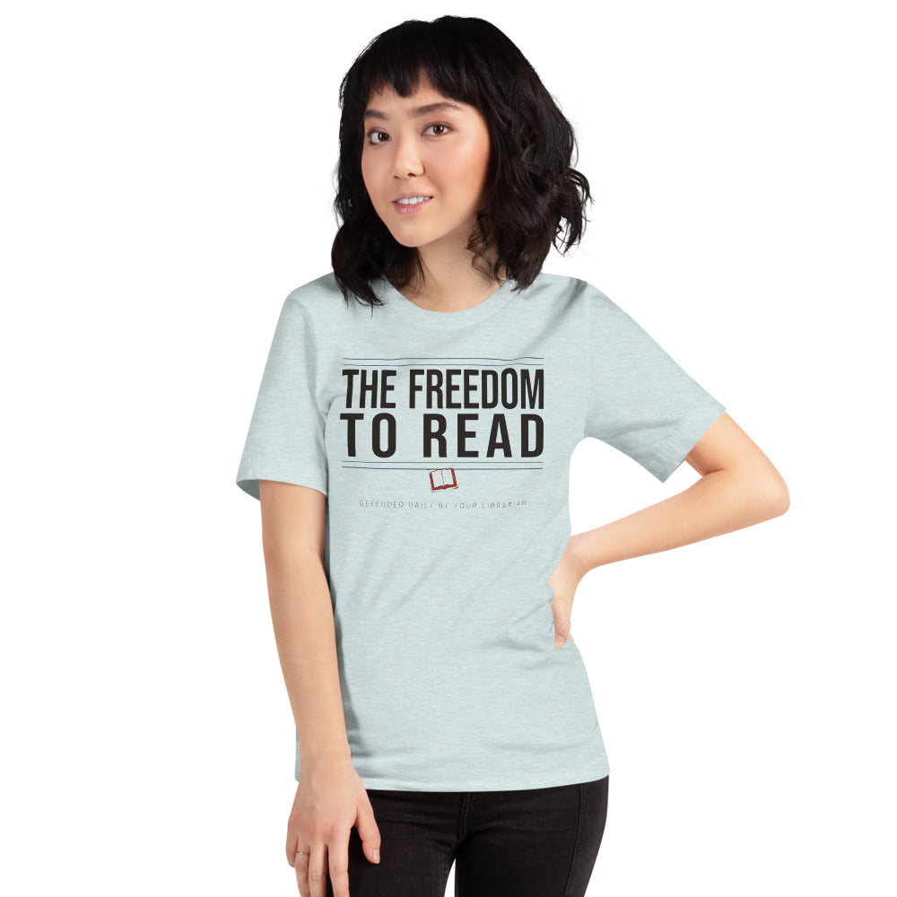 The Freedom to Read school librarian tee — Heather Prism Ice Blue, on model