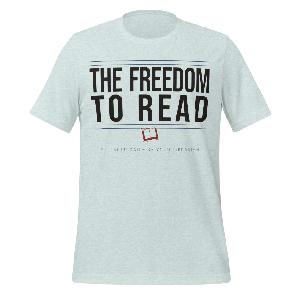 The Freedom to Read school librarian tee — Heather Prism Ice Blue, front