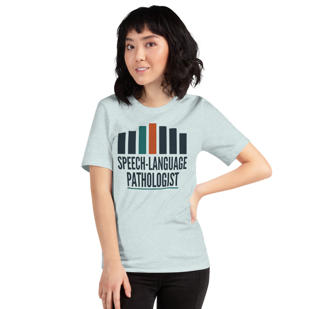 Mid-Century Clinic speech therapy tee — Heather Prism Ice Blue, on model