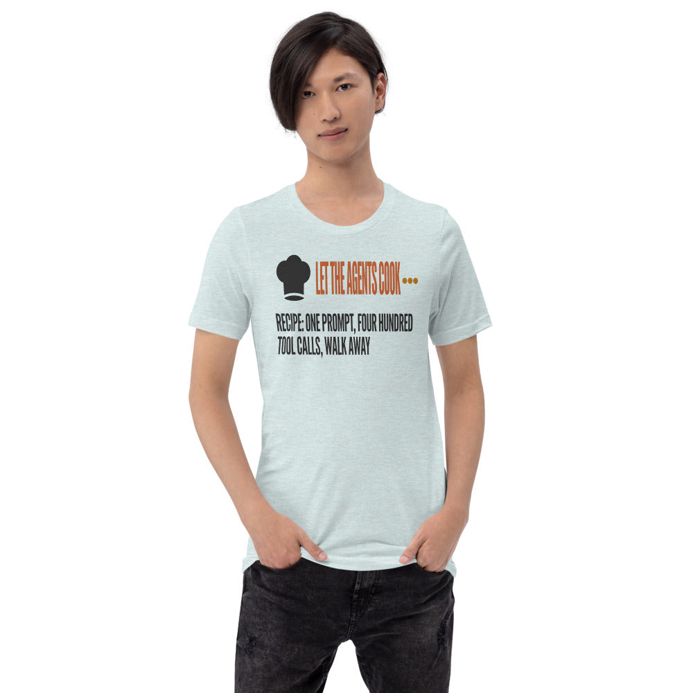 Let The Agents Cook tee — Heather Prism Ice Blue, on model