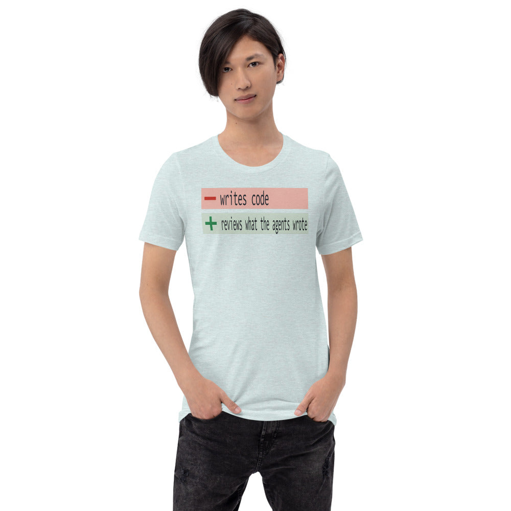The Diff agentic AI engineer tee — Heather Prism Ice Blue, on model