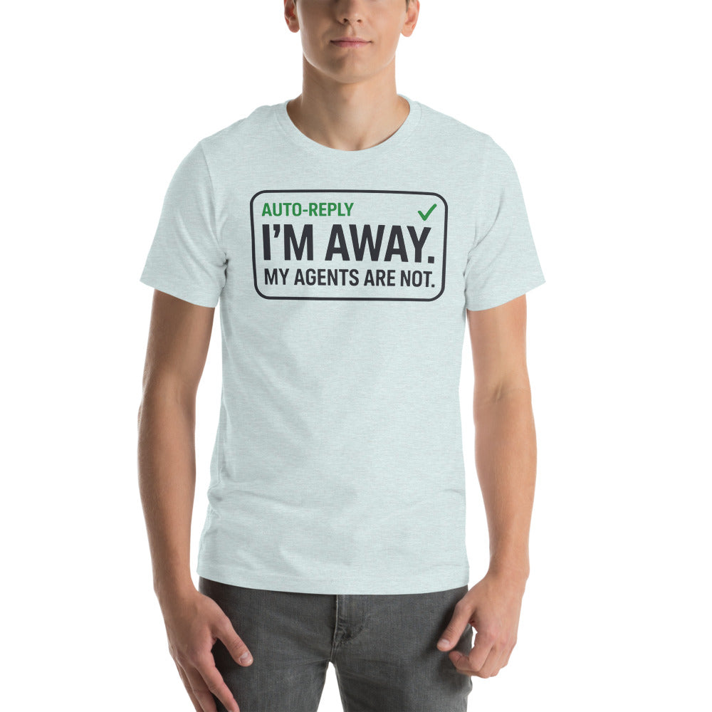 Auto-Reply agentic AI engineer tee — Heather Prism Ice Blue, on model