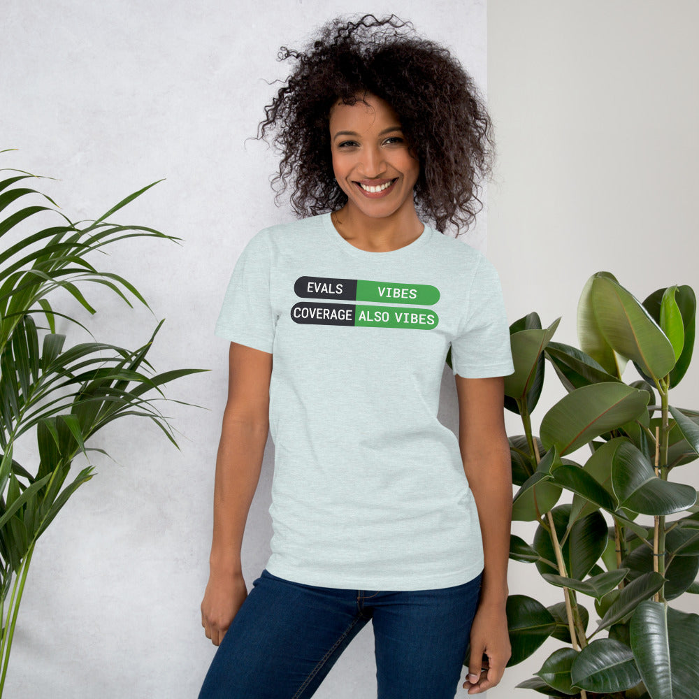 Eval Suite Vibes agentic AI engineer tee — Heather Prism Ice Blue, on model