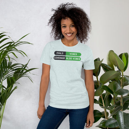 Eval Suite Vibes agentic AI engineer tee — Heather Prism Ice Blue, on model