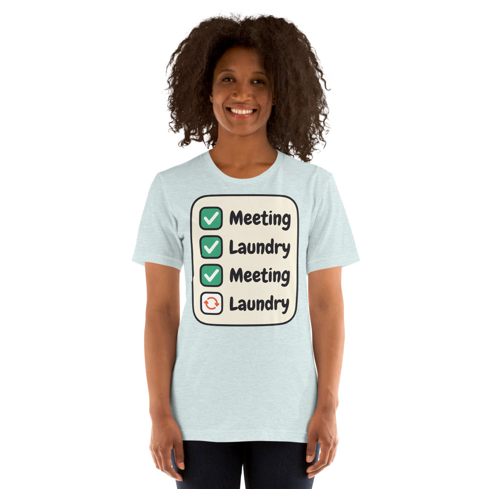 Meeting Laundry funny work from home unisex t-shirt — Heather Prism Ice Blue, on model