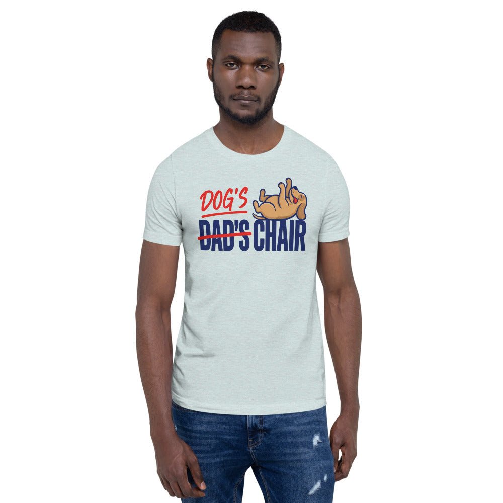 Dog's Chair funny dog dad tee — Heather Prism Ice Blue, on model