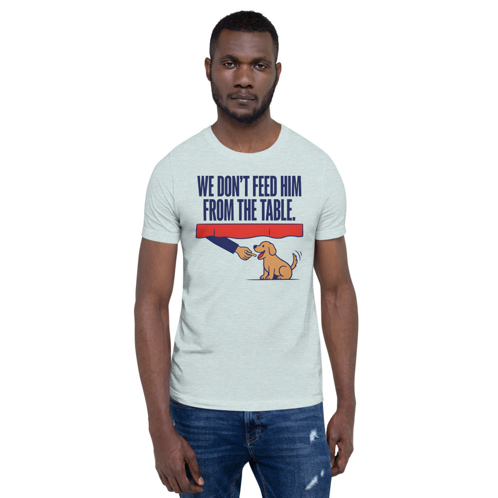 From The Table funny dog dad tee — Heather Prism Ice Blue, on model