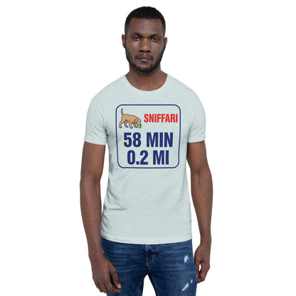 Sniff Walk Recap funny dog dad tee — Heather Prism Ice Blue, on model