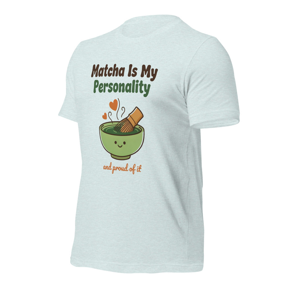 Matcha Is My Personality retro matcha tee — Heather Prism Ice Blue, front-right