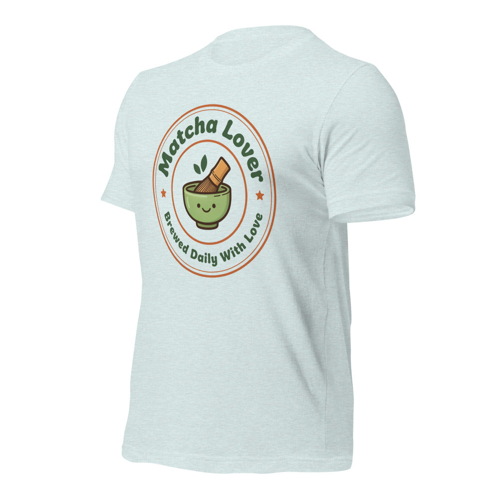 Matcha Lover retro café badge tee — Heather Prism Ice Blue, front-right
