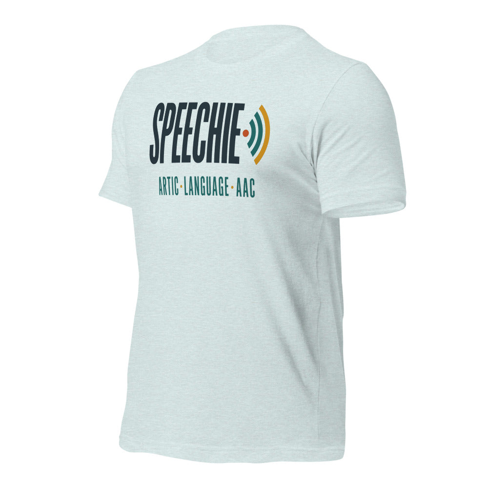Speechie Wordmark speech therapy tee — Heather Prism Ice Blue, front-right
