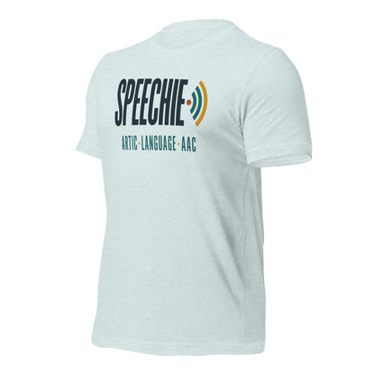 Speechie Wordmark speech therapy tee — Heather Prism Ice Blue, front-right