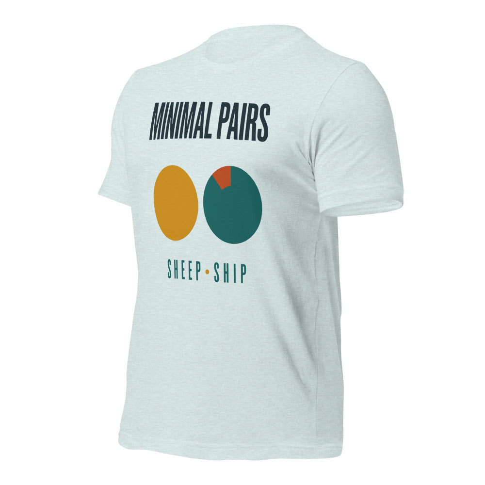 Minimal Pairs speech therapy tee — Heather Prism Ice Blue, front-right