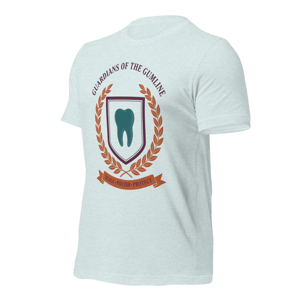 Guardians of the Gumline dental hygienist tee — Heather Prism Ice Blue, front-right