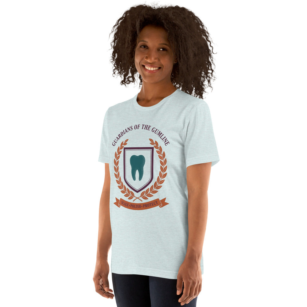 Guardians of the Gumline dental hygienist tee — Heather Prism Ice Blue, on model