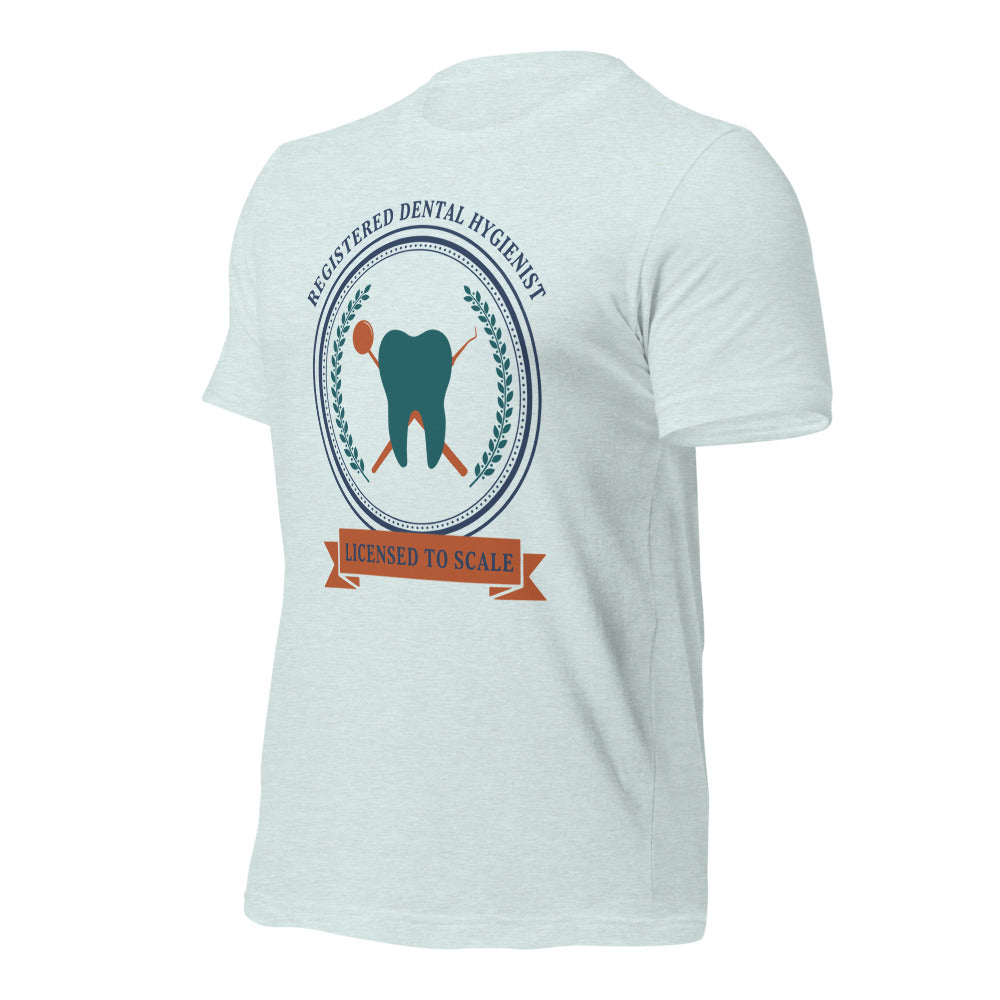 Licensed to Scale registered dental hygienist tee — Heather Prism Ice Blue, front-right