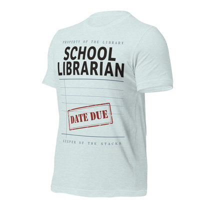 Property of the School Library card catalog school librarian tee — Heather Prism Ice Blue, front-right