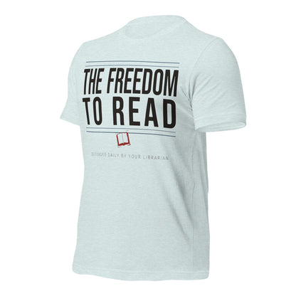 The Freedom to Read school librarian tee — Heather Prism Ice Blue, front-right