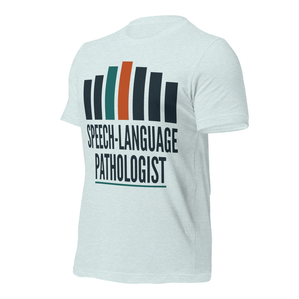 Mid-Century Clinic speech therapy tee — Heather Prism Ice Blue, front-right