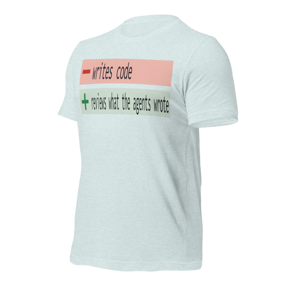 The Diff agentic AI engineer tee — Heather Prism Ice Blue, front-right