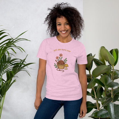 Just One More Row crochet cottagecore tee — Heather Prism Lilac, on model