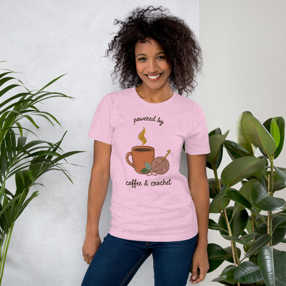 Powered by Coffee and Crochet cottagecore crochet tee — Heather Prism Lilac, on model