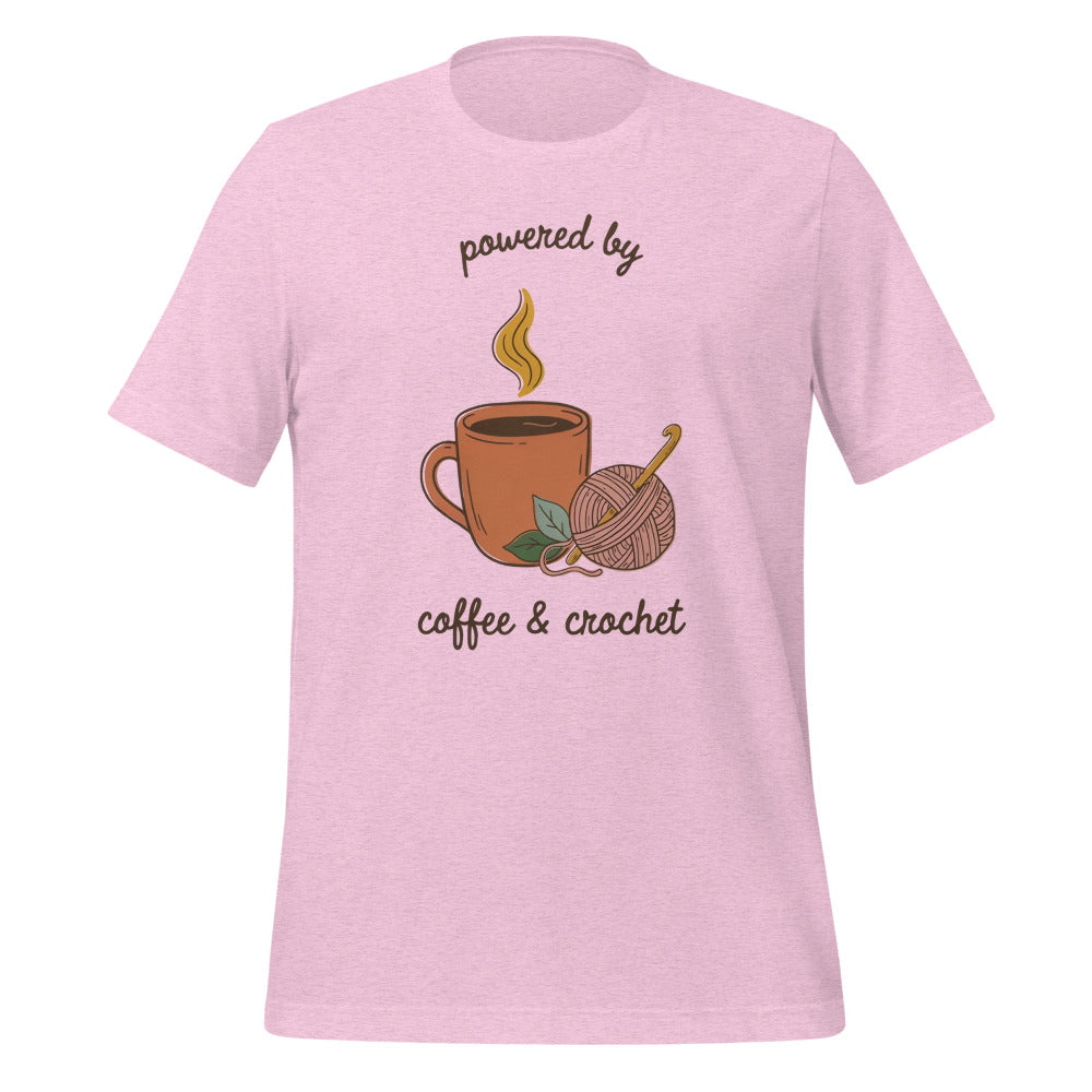 Powered by Coffee and Crochet cottagecore crochet tee — Heather Prism Lilac, front
