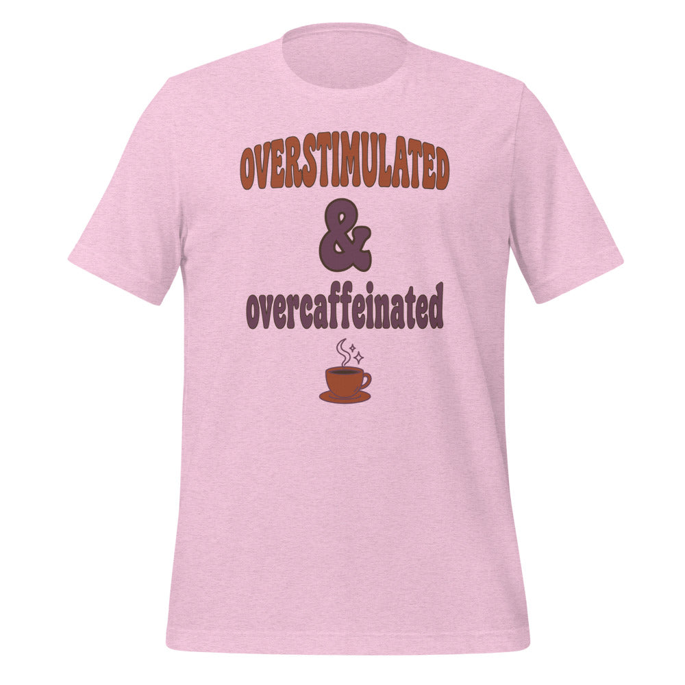 Overstimulated & Overcaffeinated soft retro coffee mental health tee — Heather Prism Lilac, front